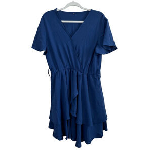 NWT Women's Blue Flowy Faux Wrap Wing Sleeve Dress XL